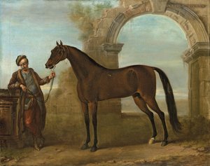 Godolphin Arabien, holdt af en brudgom, i et landskab med en ødelagt bue, 1731 af John Wootton