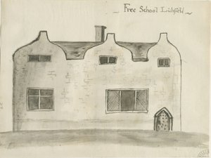 Lichfield - Grammar School: sepia vask tegning, nd [1784] (tegning)