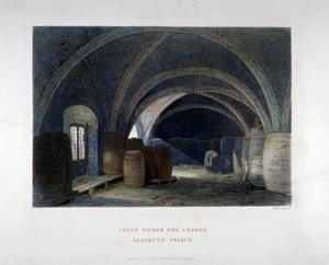 Krypten fyldt med tønder under kapellet ved Lambeth Palace, London, 1851. af John Wykeham Archer