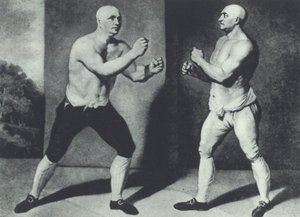 Tidlige britiske barefist-boksere, John Broughton (til venstre) og George Stevenson kæmper i 1741: Broughton opfandt boksehandsken (mezzotint)