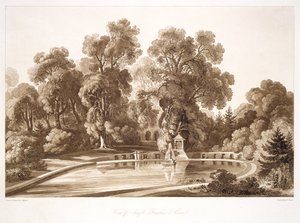 Udsigt over Temple Fountain and Cave, Sezincote, indgraveret af Frederick Christian Lewis Snr. (1779-1856), ca. 1817-18 (sepia aquatint) (se også 171663)