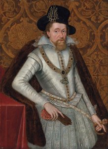 Portræt af kong James I af England og VI af Skotland (1566-1625), i trekvart længde, i hvid kjortel med blondekrave, juvelbesatte strømper og en pelskappe, iført Greater George, en sort hat med juvel, med et par handsker i højre hånd af John de (attr.to) Critz