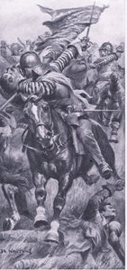 Løjtnant John Smith genindtager kongens standart ved Edgehill, 23. oktober 1642, illustration fra British Battles on Land and Sea, 1915