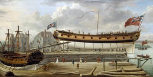 Et skib af sjette rang (sjette rang), et britisk krigsskib fra Royal Navy, i tørdok, skibsværftet er sandsynligvis det i Rotherhite, på Themsens sydlige bred (England)