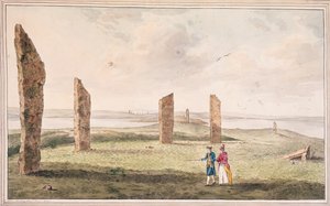 Udsigt over en halvcirkel af sten på bredden af Stenhouse-søen på øen Pomona af John the Younger Cleveley