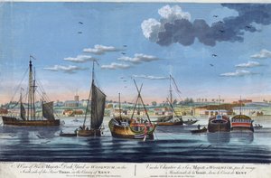 Udsigt over den kongelige havn i Woolwich, på Themsens venstre bred (England), i grevskabet Kent. Radering i farver af John Clevely the Younger (1747-1786) af John the Younger Cleveley