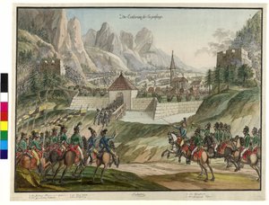 De østrigske troppers erobring af Luziensteig 1799 (akvarel) af Jokob Placidus Altmutter