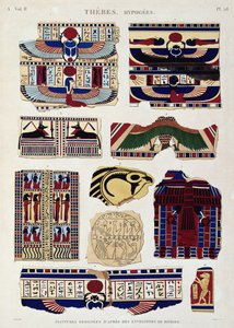 Illustrationer af malede mønstre fra mumiernes indpakninger, Hypogees, Theben, planche 58 fra bind II af "Beskrivelser af Egypten", graveret af Willemin, 1822 (akvaratint) af Jomard