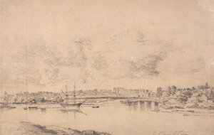 Southampton og Northam fra floden Itchen (grafit på medium, let tekstureret, blåt hvidt vævet papir lagt til medium, moderat tekstureret, beige vævet papir) af Jonathan Fisher