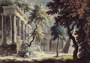 Saturns tempel (romerske ruiner) (pen & blæk, akvarel og vask på papir)