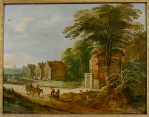 Rejsende, der passerer gennem en landsby (olie på panel) af Joos de (studio of) Momper