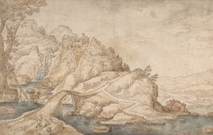 Bakket landskab med flod, bro og huse med to figurer til venstre, slutningen af det 16.-midten af det 17. århundrede. af Joos de Momper the Younger.