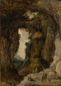 Landskab med grotte og en rytter, ca. 1616 (olie på panel)