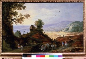 Landskab med et kapel på en bakke. Bønder på plove går på vejene. Maleri af Joos de Momper Le Jeune (1564-1635), omkring 1608-1610. flamsk kunst. Olie på træ. Pushki Fine Arts Museum