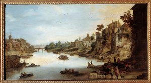 Udsigt over Tiberen (Tevere) i Rom Et hus på pæle til venstre. Maleri af Josse Momper II (1564-1635)