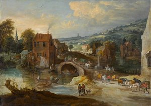Landsbylandskab med en bro, omkring 1620