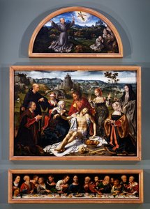 Altertavle af aflejringen, med stigmata af den hellige Frans, aflejringen af Kristus og den sidste nadver fra kirken for de småbrødre i Genova, ca. 1520 af Joos van Cleve