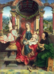 Den hellige familie, midterpanel på en triptykon, ca. 1530 (panel) af Joos van Cleve