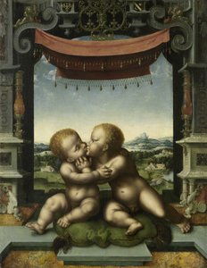 Spædbørnene Kristus og Johannes Døberen omfavner, 1520-25 af Joos van Cleve