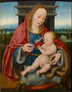 Jomfruen med spædbarnet Kristus drikker vin, ca. 1520.