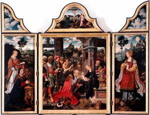 Tryptic of Adoration of the Magi. Maleri på træ af Joos Van Cleve den unge (1485-1540) 1515 Dim. 260x200 cm Gener, San Donato-kirken af Joos van Cleve