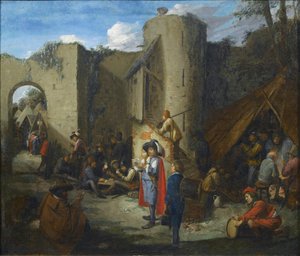 En officer læser et brev i en militærlejr ved siden af et slot. af Joos van Craesbeeck