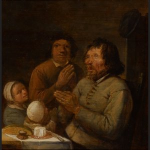 Interiør med en bondefamilie, der beder af Joos van Craesbeeck