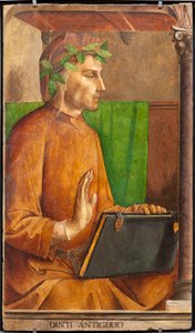 Billede af Dante Alighieri (1265-1321), digter, italiensk forfatter, forfatter til den guddommelige komedie, hovedbeklædning af en liripion - Maleri af Juste af Gent (Joos van Wassenhove) (ca. 1435-omkring 1475) og Pedro Berruguete (ca. 1450- før 1504), en af Joos van Gent (fl.1460 75)