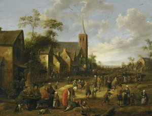 En travl landsbystrækning med mange figurer, bønder, der spiser og drikker ved et bord i forgrunden, et kirketårn bagved