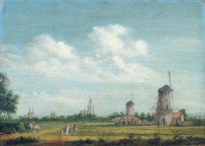 Udsigt over Arnhem med St. Walburgiskerk til venstre og Grote Kerk til højre, elegant byfolk, der promenerer i nærheden, 1776