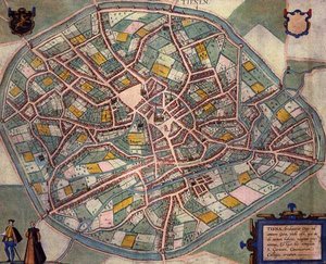 Kort over Tienen, fra "Civitates Orbis Terrarum" af Georg Braun (1541-1622) og Frans Hogenberg (1535-90), ca. 1572-1617 (farvestik) af Joris (after) Hoefnagel
