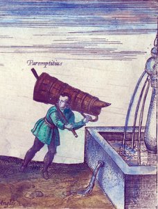 En lærling henter vand fra en fontæne, håndfarvet kobbergraveringsdetalje fra 1598 af 324184 af Joris Hoefnagel