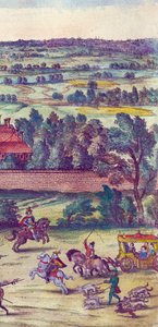 Hofmænd og jagthunde, der ledsager Dronning Elizabeth I