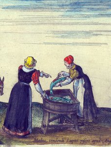 Fiskekoner, der sælger og renser gedder, 1598 håndfarvet kobberstik detalje på 324184 af Joris Hoefnagel