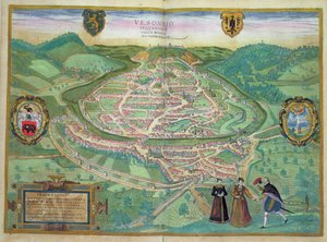 Kort over Besancon, fra "Civitates Orbis Terrarum" af Georg Braun (1541-1622) og Frans Hogenberg (1535-90), 1575 (farvestik)