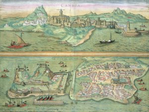 Kort over Candia og Korfu, fra "Civitates Orbis Terrarum" af Georg Braun (1541-1622) og Frans Hogenberg (1535-90), ca. 1572