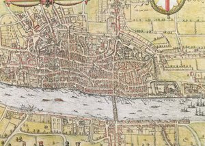 Kort over London, fra "Civitates Orbis Terrarum", af Georg Braun (1542-1622) og Frans Hogenburg (1635-90),ca.1572