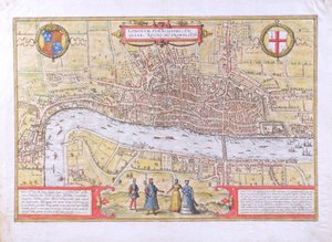Kort over London, fra Civitates Orbis Terrarum, af Georg Braun (1542-1622) og Frans Hogenburg (1635-90), ca. 1572 (se også 51896 og 58543) af Joris Hoefnagel