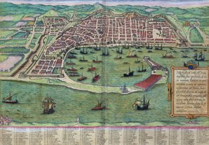 Kort over Messina, fra "Civitates Orbis Terrarum" af Georg Braun (1541-1622) og Frans Hogenberg (1535-90), ca. 1572