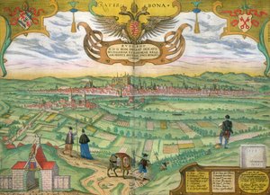 Kort over Regensburg, fra "Civitates Orbis Terrarum" af Georg Braun (1541-1622) og Frans Hogenberg (1535-90) 1594