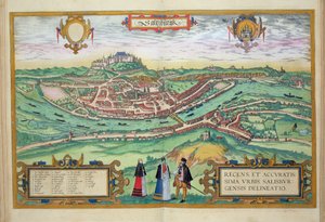 Kort over Salzburg, fra "Civitates Orbis Terrarum" af Georg Braun (1541-1622) og Frans Hogenberg (1535-90), ca. 1572-1617