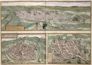 Byplaner for Rouen, Nimes og Bordeaux, fra "Civitates Orbis Terrarum" af Georg Braun (1541-1622) og Frans Hogenberg (1535-90), ca. 1572 af Joris Hoefnagel