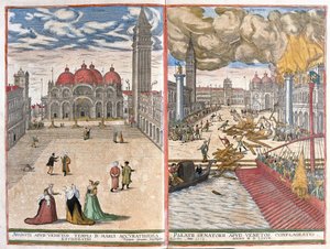 Venedig, Italien: Markuskirken og ilden ved den venetianske doges palads i 1577 (tegning af Joris Hoefnagel
