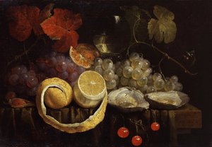 Stilleben med frugt og østers. Maleri af Joris van Son (1623-1667) Privat samling.