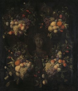Simuleret skulptureret hoved af en kvinde i en kartouche dekoreret med swags of fruit af Joris van Son