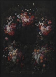 Stenkartouche med frugt- og blomsterkrans
