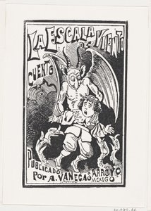 En dæmon holder en ung dreng ved sine skuldre over en gruppe gribbe, illustrati..., ca. 1880-1910. af José Guadalupe Posada
