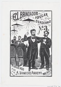 En mand hæver sit glas med en gruppe mænd, der sidder ved et bord i baggrunden,..., ca. 1890-1899. af José Guadalupe Posada