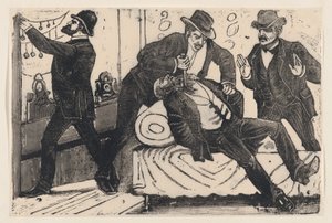 En mand, der stikker en anden mand i brystet, mens hans medarbejdere plyndrer en butik, fra en..., ca. 1890-1891. af José Guadalupe Posada