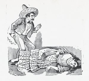En mand med en pistol stående over en kvinde, han lige har skudt, ca. 1880-1910., ca. 1880-1910. af José Guadalupe Posada